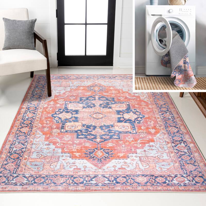 JONATHAN Y Marrakesh Ornate Medallion Machine Washable Area Rug - 8 X 10 - Terracotta/Navy