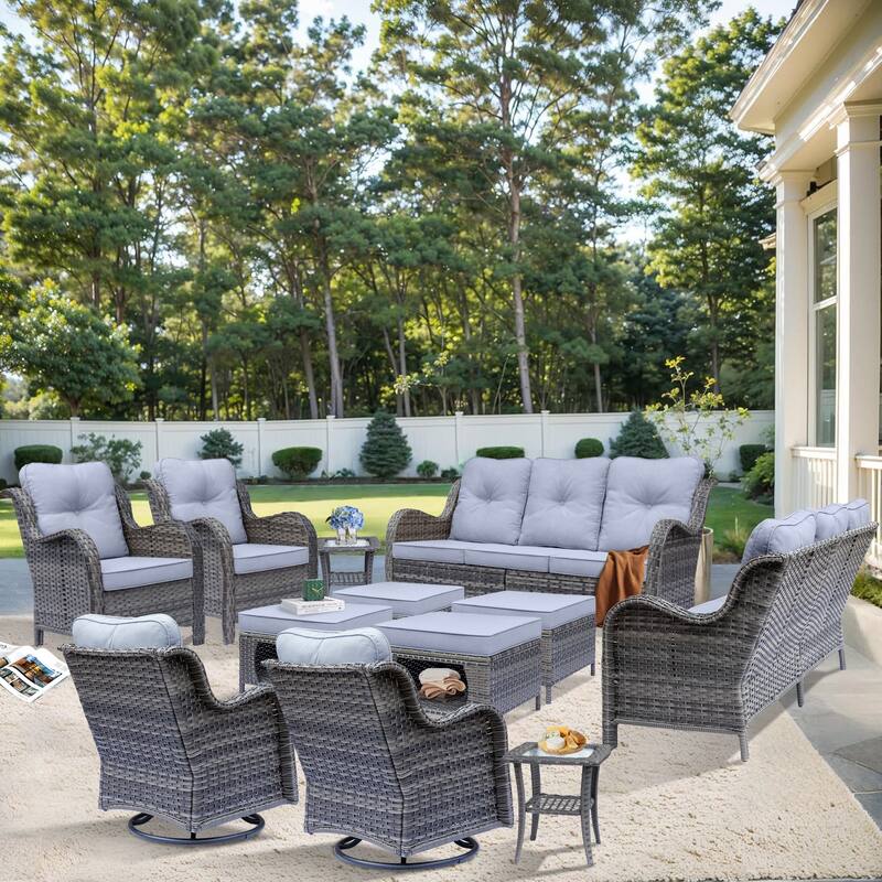 12 Piece Outdoor Wicker Patio Conversation Swivel Chairs Furniture Set - Grey-Gray Rattan