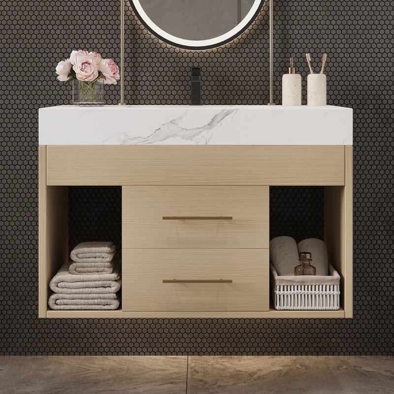 29.9" Modern Floating Bathroom Vanity - Sintered Stone Top with Ceramic Undermount Sink, Wall-Mounted for Small Bathrooms - Brown