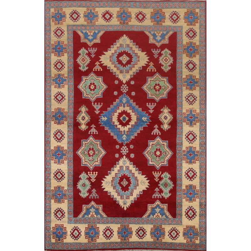Hand Knotted Oriental 100% Wool Carpet Traditional Geometric Red Kazak Area Rug - 9' 8'' X 6' 7''