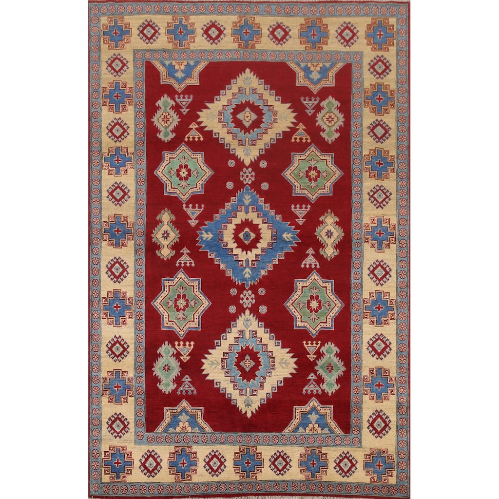 Hand Knotted Oriental 100% Wool Carpet Traditional Geometric Red Kazak Area Rug - 9' 8'' X 6' 7''
