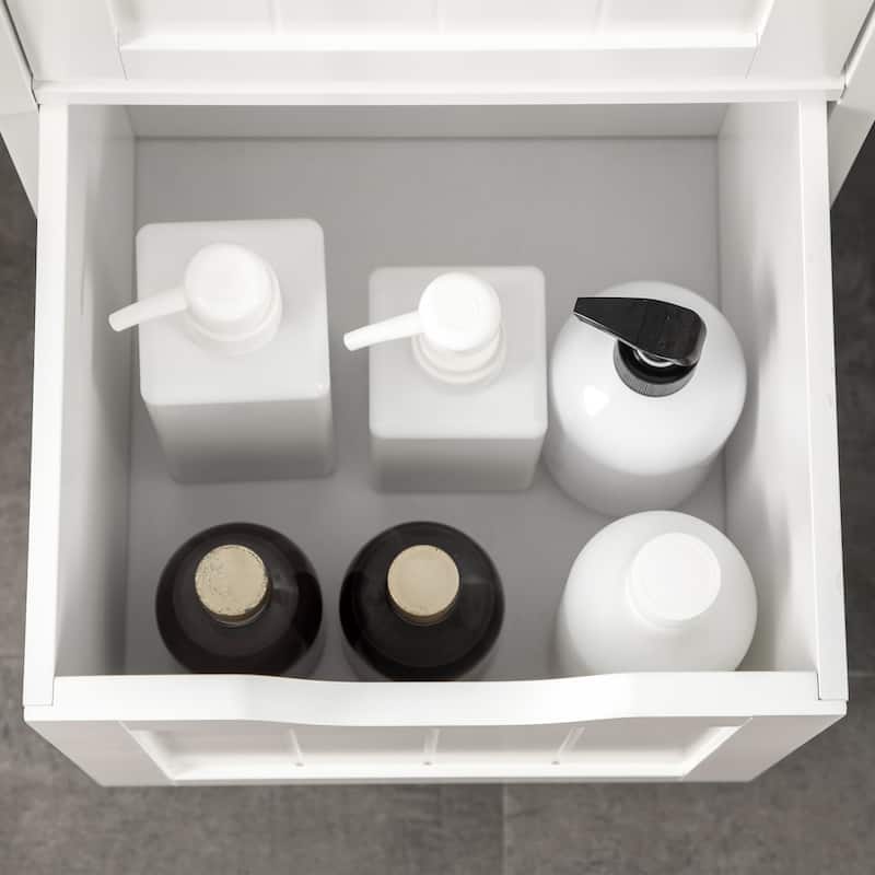White MDF Tall Bathroom Cabinet with Drawers and Open Storage Shelves for Narrow Spaces - 11.75" W x 11.75" D x 55.75" H