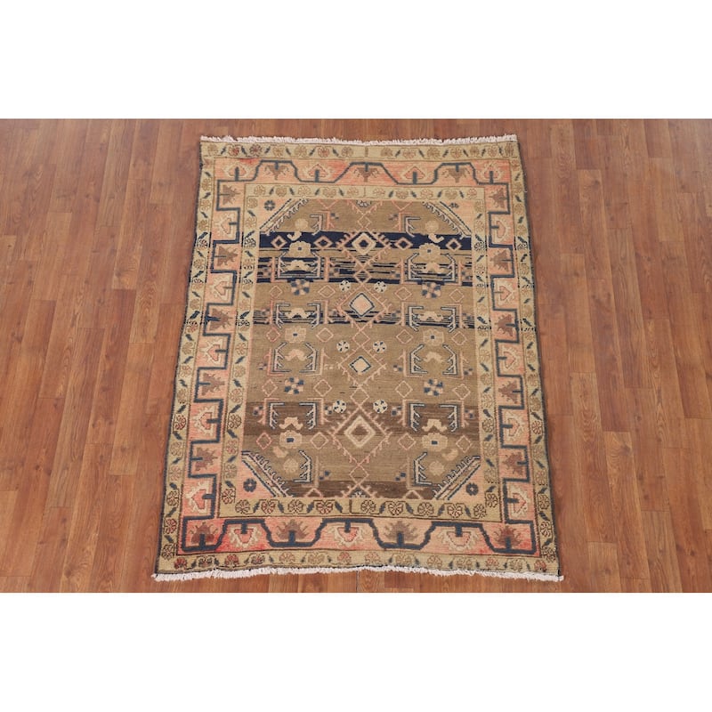 Geometric Hamedan Vintage Persian Rug Handmade Wool Carpet - 3'10"x 5'1"