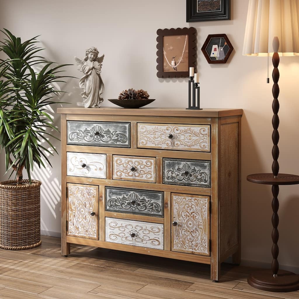 39.37" Vintage Wooden Multicolor Carved Dresser with 7 Drawers and 2 Cabinets