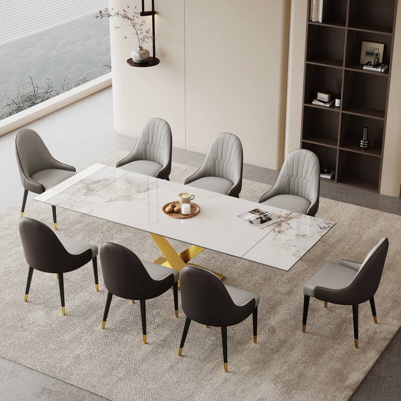 9 - Piece 94.48'' Extendable Sintered Stone Dining Table with 8 Chairs Dining Set - Alps White&Space Gold