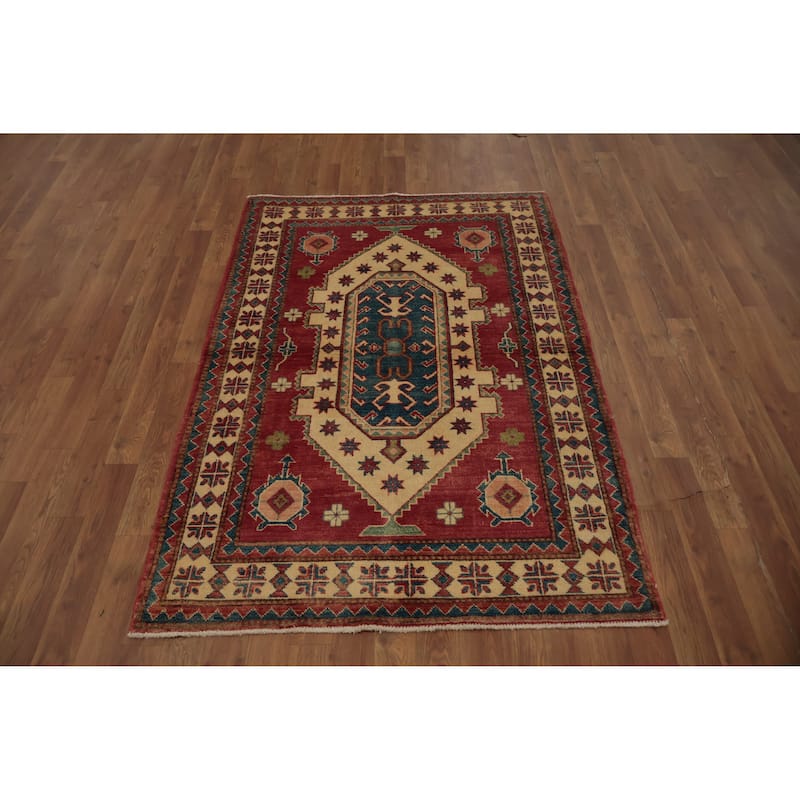 Hand Knotted Oriental 100% Wool Carpet Traditional Geometric Beige & Ivories Kazak Area Rug - 5' 4'' X 3' 7''