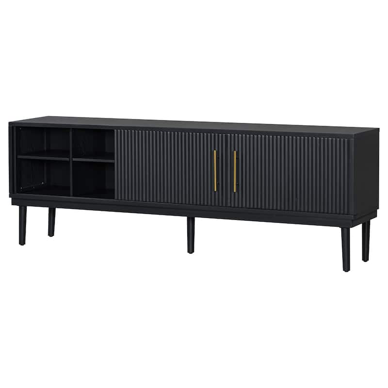 74.90" Wood TV Stand, Sliding Doors Media Cabinet with Gold Metal Handle, Media Console Table with Solid Wood Legs