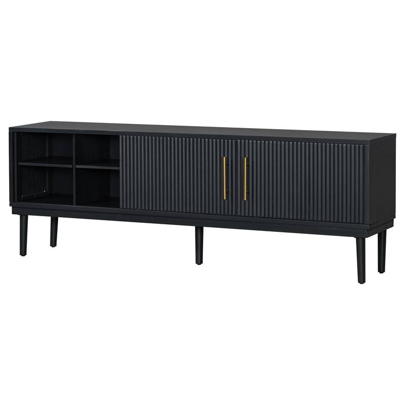 Stylish TV Stand with Vertical Striped Doors, Space-Saving Sliding Door Design, Sturdy Solid Wood Legs