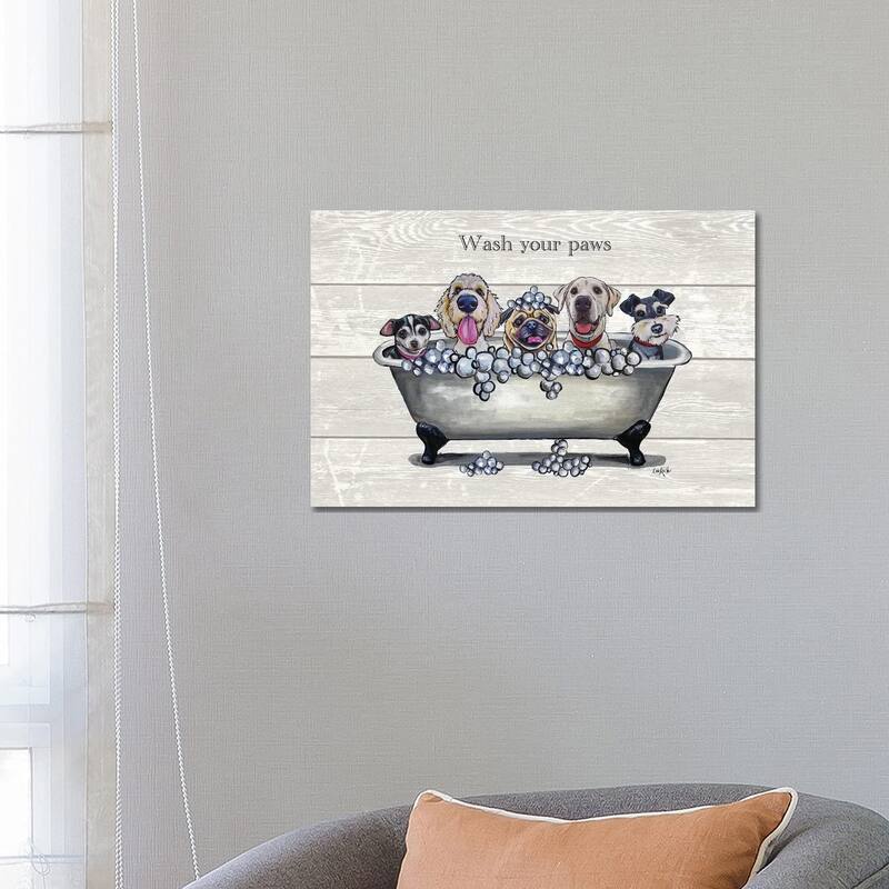 iCanvas "Tub With Dogs, Bathroom Dogs, Wash Your Paws" by Hippie Hound Studios Canvas Print - 18x26x1.5