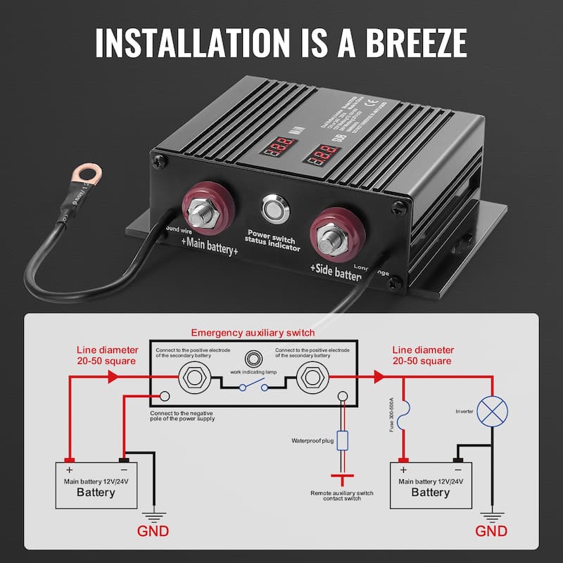 250 AMP Dual Battery Smart Isolator, 12V/24V, Universal VSR Voltage Sensitive Relay Battery Isolator Intelligent with LCD Screen
