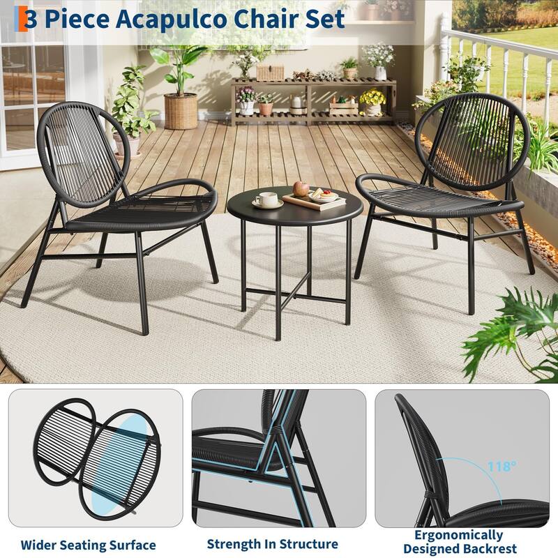 3 Piece Garden Bistro Acapulco Chairs, Outdoor Seating Acapulco Chair, All Weather Modern Patio