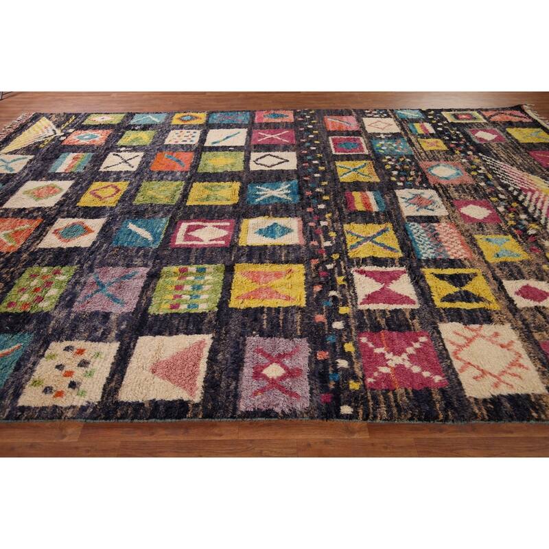 All-Over Black Plush Large Moroccan Area Rug Handmade Wool Carpet - 9'9" x 15'1"