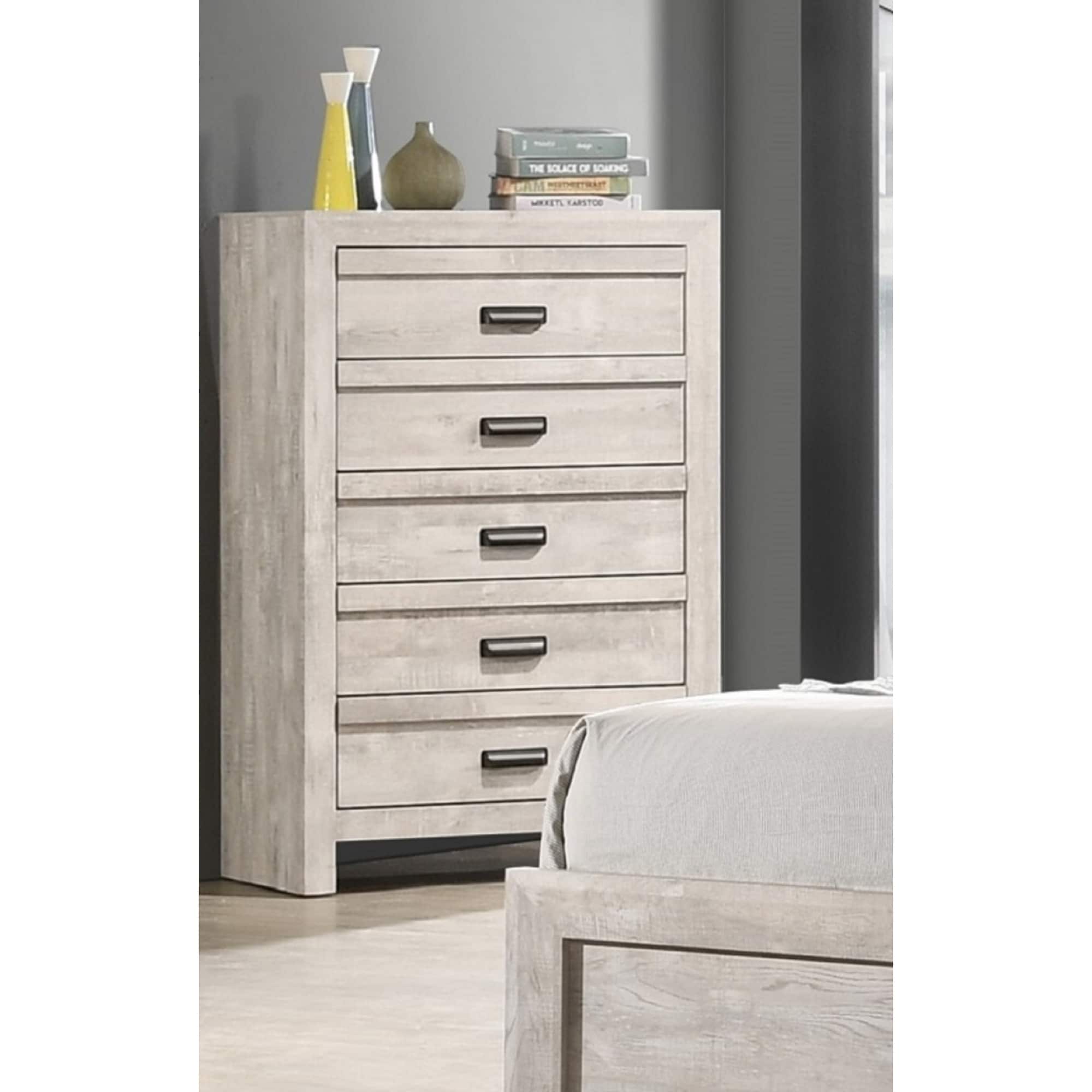 Contemporary 5-Drawer Chest, Rustic Beige Gray Finish Wooden Bedroom Furniture