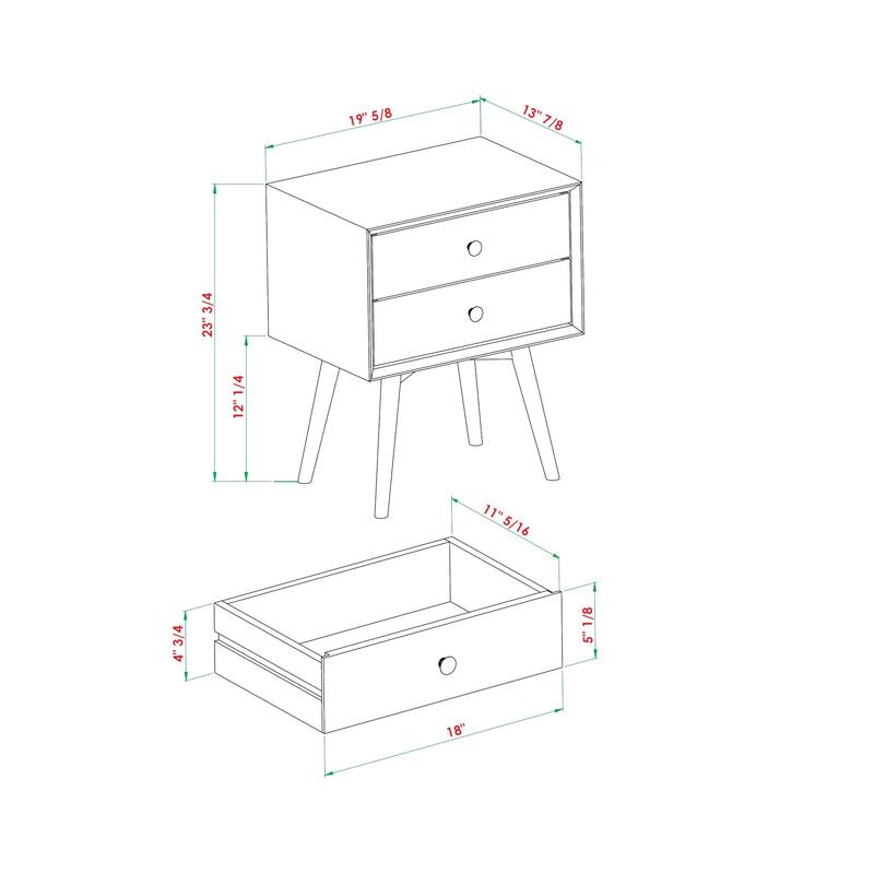 Mid-Century Modern Nightstand, Side Table with 2 Storage Drawer, Decorative Table with Solid Wood Legs, Entry Side Table