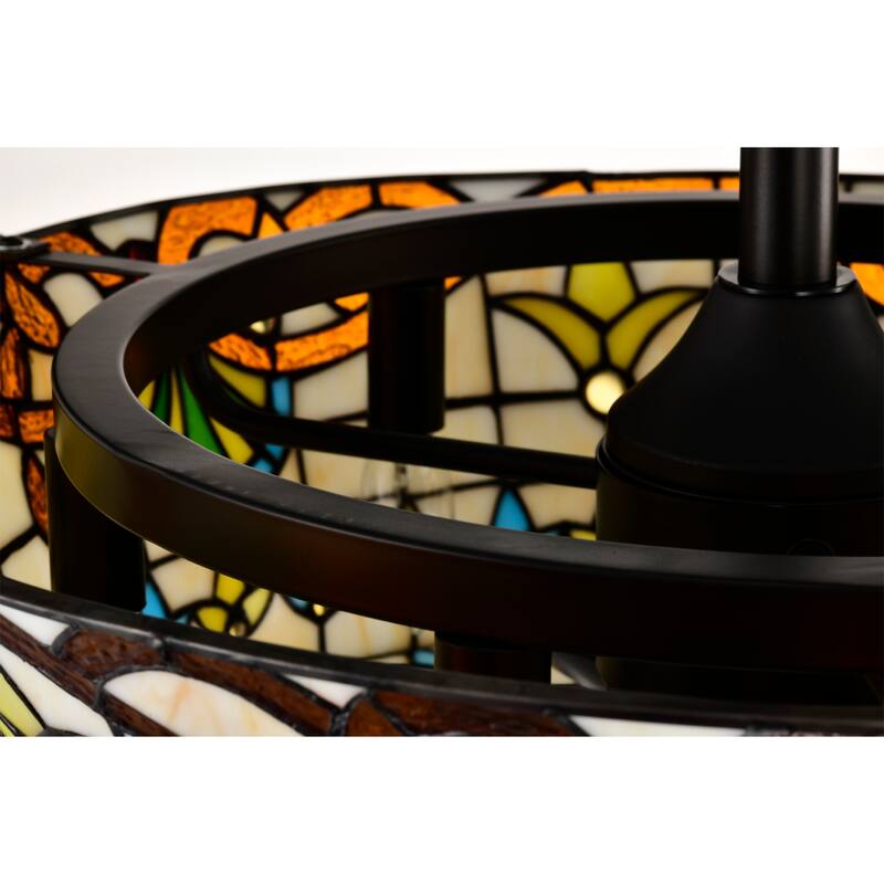 Fleur Carousel Ivory and Amber Tiffany Glass Lighted Ceiling Fan w Remote