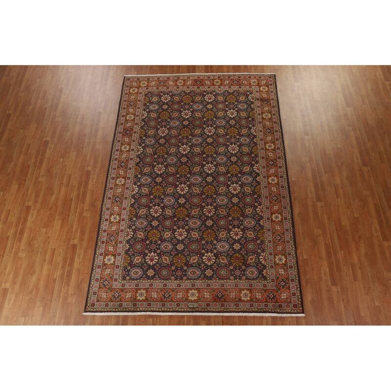 Hand Knotted Oriental 100% Wool Carpet Traditional Floral Navy Blue & Blues Tabriz Area Rug - 11' 5'' X 7' 7''