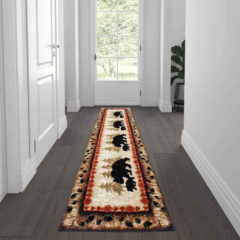 Wandering Bear and Cub Rustic Olefin Area Rug - Jute Backing - 2' x 7' - Brown