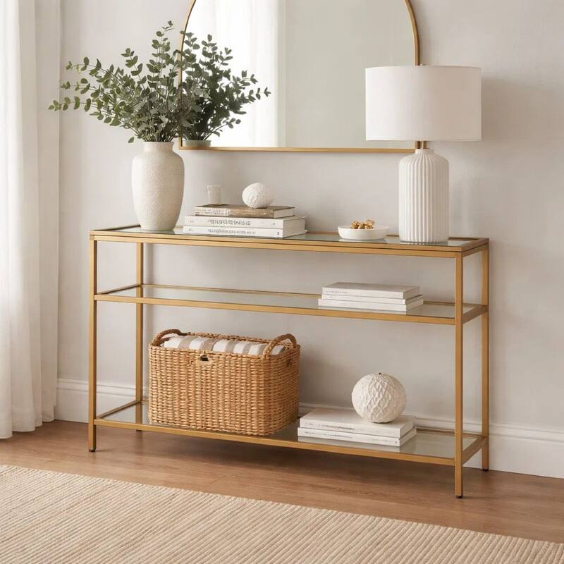 Ted Sofa Console Table w Open Shelf, 48 Inch Glass Top, Gold Iron