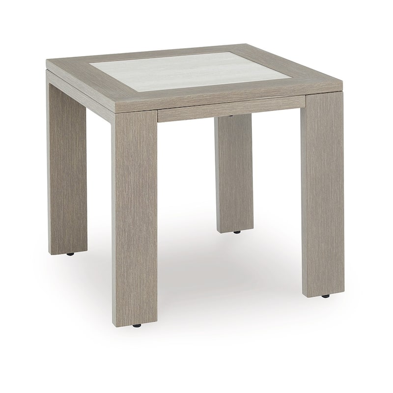 Isle Outdoor Square End Table, Woodlike Grayish Brown Metal, 22 Inch