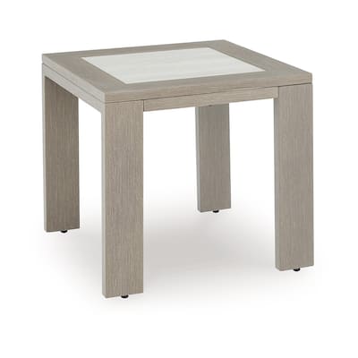 Isle Outdoor Square End Table, Woodlike Grayish Brown Metal, 22 Inch