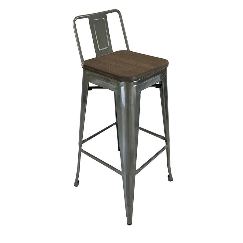 Set of Four 30" Brown And Gray Solid Wood And Metal Low Back Bar Height Bar Chairs