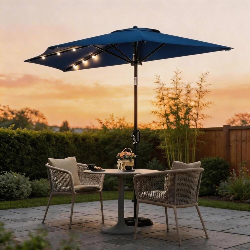 9ft Outdoor Patio Half Umbrella, with Solar LED Lights and Smooth Crank Lift