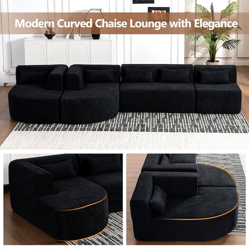 144" Modular Upholstered Sofa with 2 Curved Chaise Lounges and 5 Back Pillows, Boucle Free-Combined Couch for Living Room