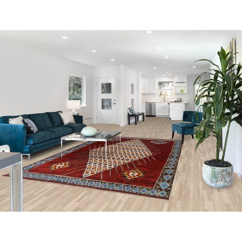 Hand Knotted Oriental 100% Wool Carpet Modern Tribal Red Moroccan Area Rug - 10' 3'' X 6' 7''