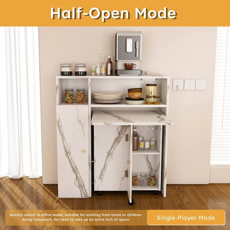 Folding Dining Table and Storage Sideboard with Charging Station， Multifunctional Space-Saving Kitchen Table with Wheels