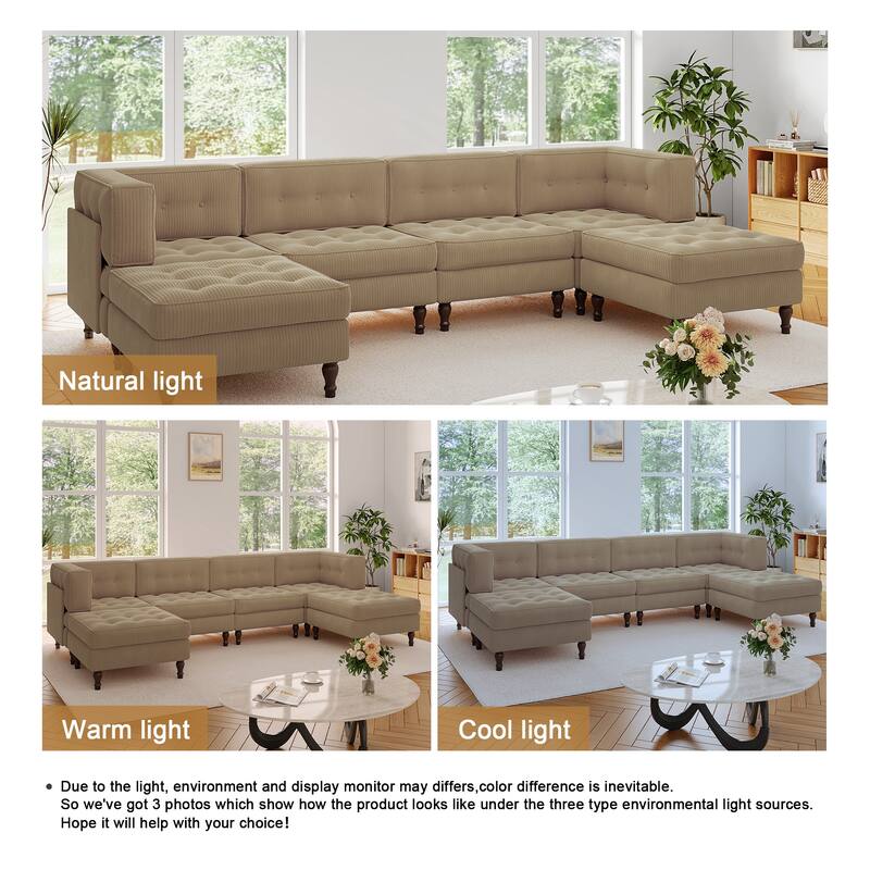 130"W Corduroy Upholstered Modular Sectional Sofa with Storage Ottoman