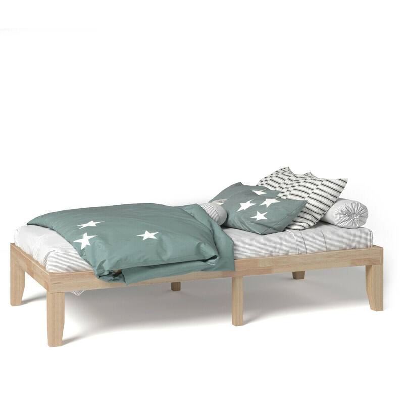 Brown Rubber Wood 14-Inch Twin Size Platform Bed Frame with Wood Slat Support