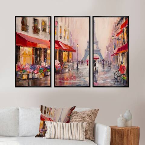 Designart "Lovers in Paris Eiffel Tower " Cityscape Framed Art Set of 3 - 4 Colors of Frames