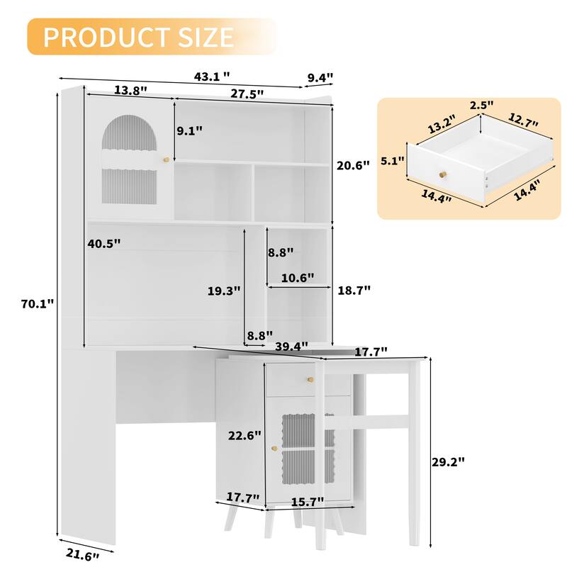 Roomfitters Rotating L-Shaped Computer Desk with Shelves and Storage, 90° Swivel Office Writing Desk