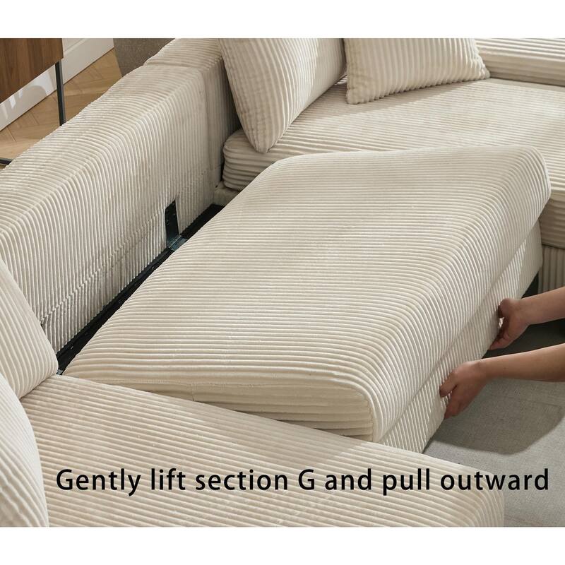 114" Corduroy U-Shaped Sleeper Sofa with Pull-Out Bed, 4 Back Cushions and 2 Throw Pillows