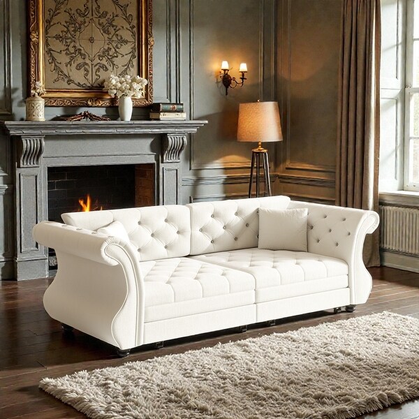 83.8 Inch Chesterfield Pull Out Sofa Bed, Velvet Roll Arm Couch