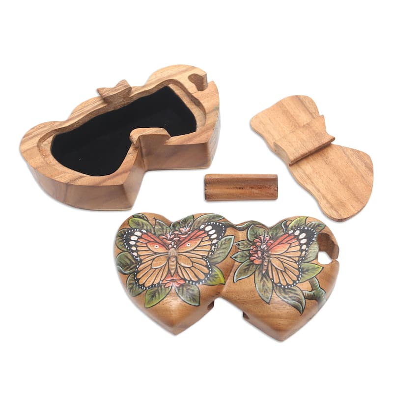 Novica Handmade Twin Butterfly Hearts Wood Puzzle Box