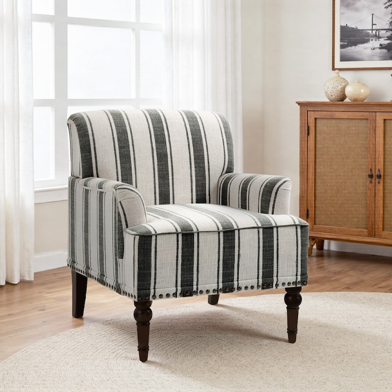 Stripe Linen Accent Arm Chair with Nailhead Trim and Wood Legs