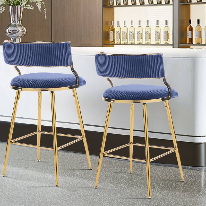 Set of 2 Modern Blue Corduroy Bar Stool with Curved Backrest and Gold Steel Frame for Indoor Use