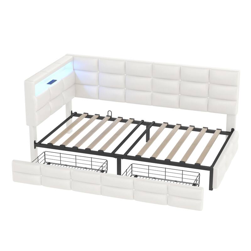 Daybed with 2 Drawers, Upholstered Daybed with Charging Station & LED Lights, Sofa Bed Frame with Storage Headboard
