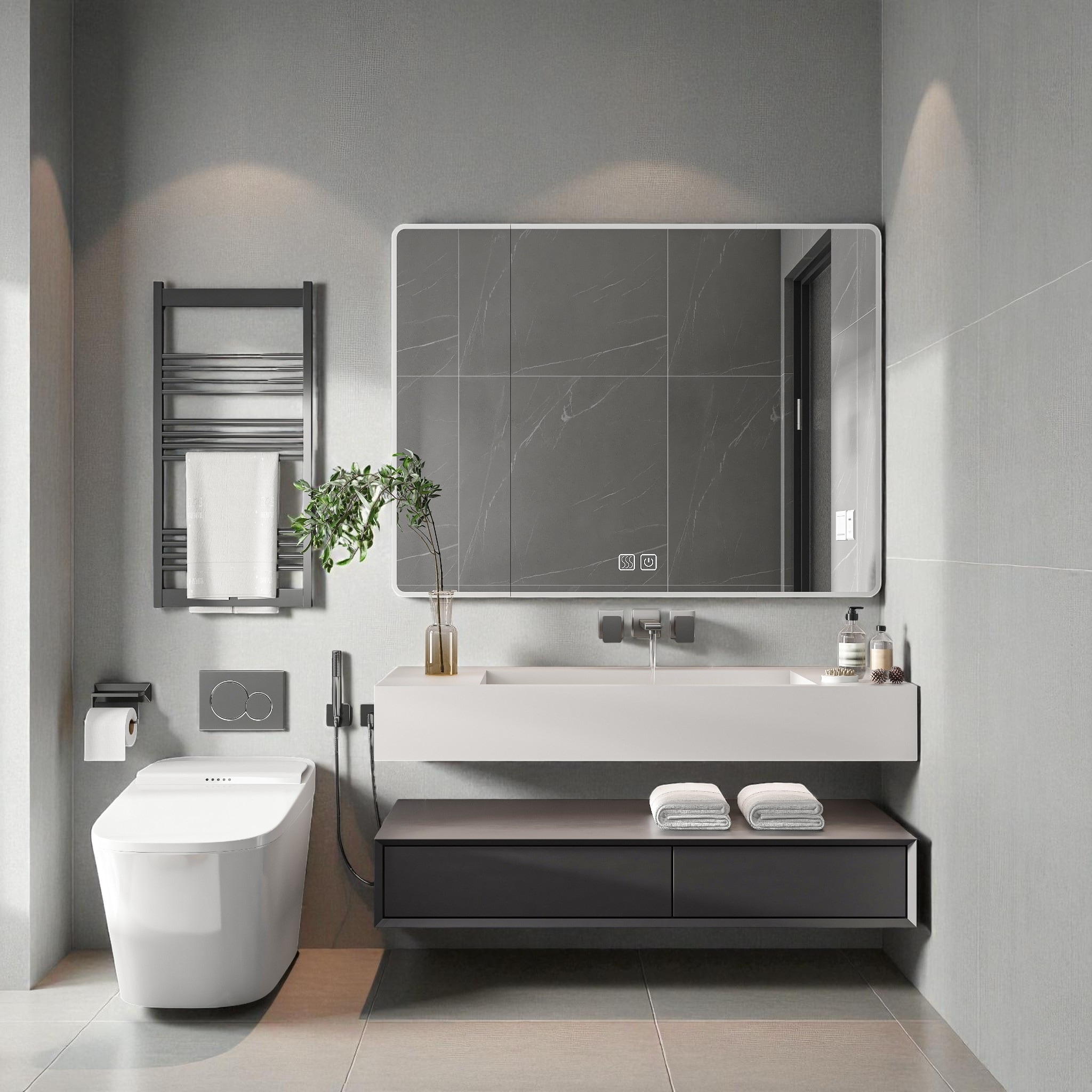 35" x 28" Wall Mounted Medicine Cabinet with LED Lighting, Anti-Fog Mirror, Cosmetic Storage Rack & Hair Dryer Holder