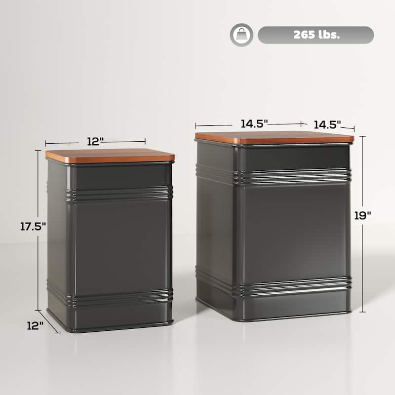 Set of 2 Black Metal Storage Ottomans with Walnut Removable Wood Lids for Living Room or Bedroom - 14.6" W x 14.6" D x 19.1" H