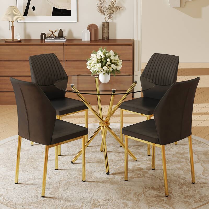 4-Piece Dining Set with 36.6'' Round Tempered Glass Table & Black-Gold Chairs - Modern Luxe Style - Black+Gold,Transparent