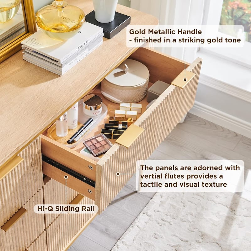 Modern Fluted 6 Drawers Dresser for Bedroom, 54" Dresser TV Stand