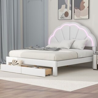 Queen Size Upholstered Platform Bed with Seashell Headboard, LED Lighting, and 2 Drawers - High-Density Comfort