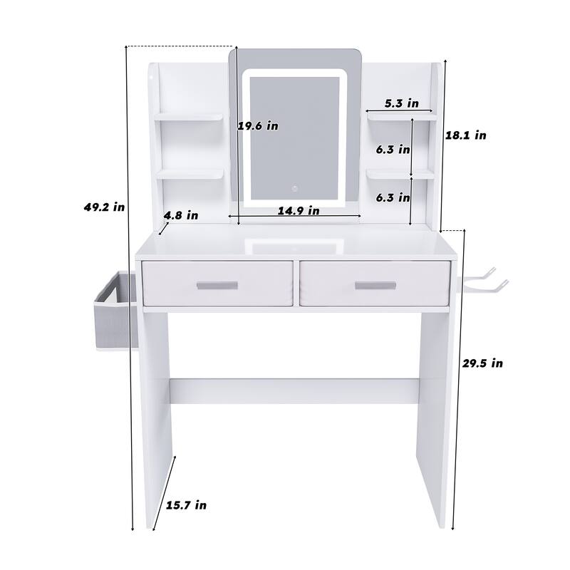 LED Mirror Vanity Dressing Table with Lights-3-Color Adjustable Light Strips,2 Large Drawers,Hair Dryer Stand