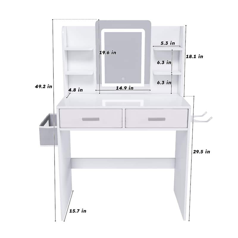 Vanity Desk with LED Light Mirror, 3-Color Adjustable Light Strips, Dressing Table with Hair Dryer Stand & 2 Large Drawers
