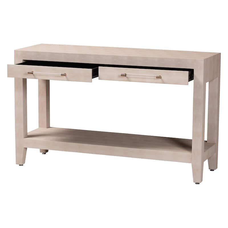 Nira Faux Shagreen Console Table - Contemporary Accent Display Piece with 2 Drawers and Open Shelf, Entryway Storage Solution