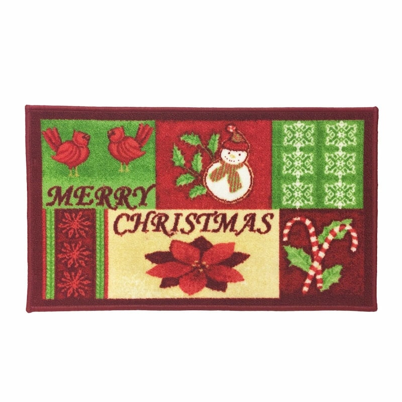 Christmas Design Kitchen Rug - Santa, Reindeer, Snowman, Poinsettia With Latex Backing