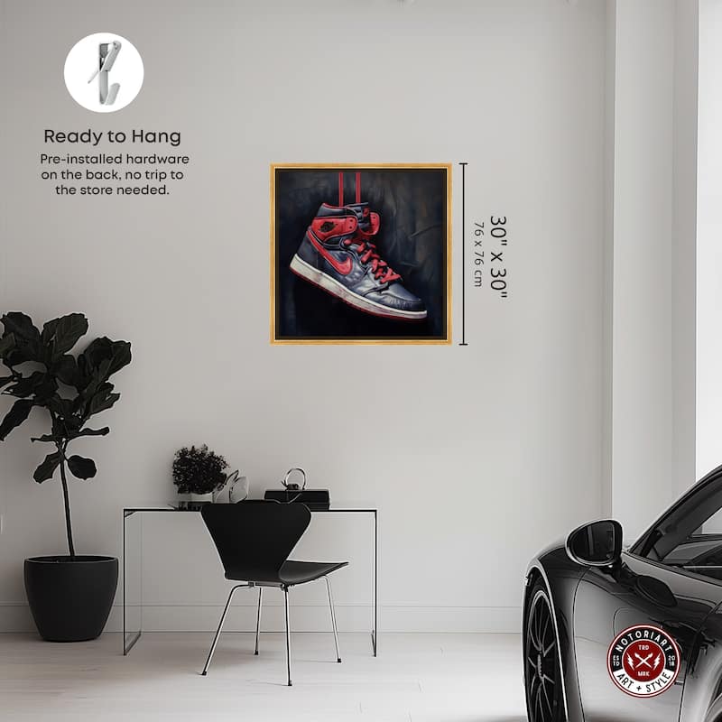 Notoriart Black And Red Hanging Sneaker Framed Sneaker 1 Piece Canvas Wall Art