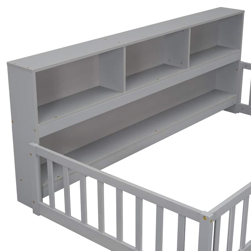 Floor Bed with Bedside Bookcase,Shelves,Guardrails